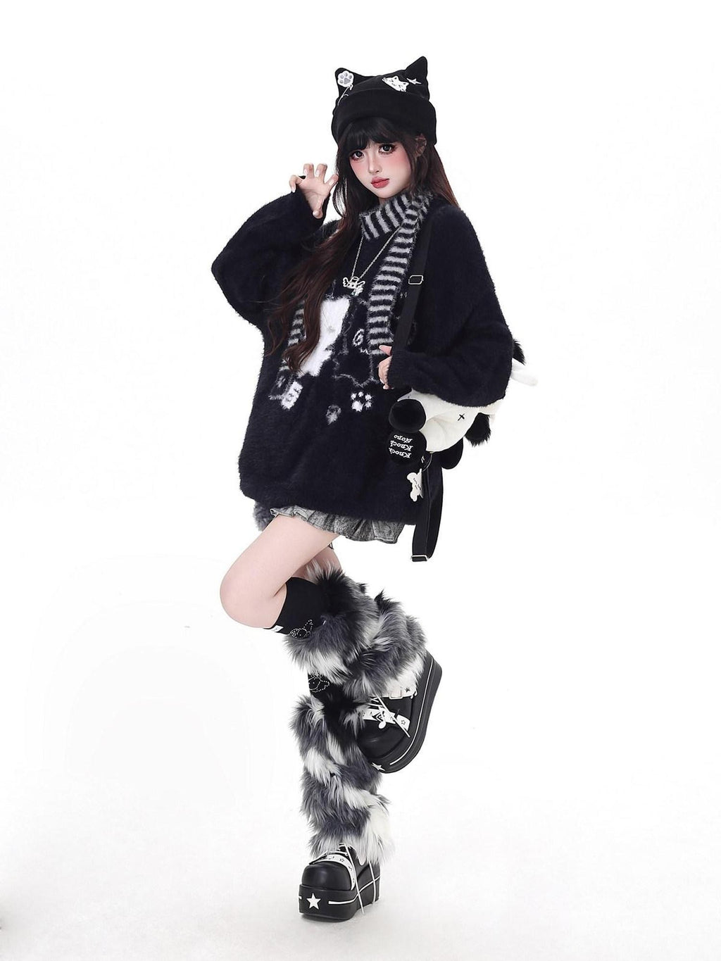 CRAZYGIRL Plush Cat Embossed Crewneck Cardigan Loose Fit Women's Thermal Sweaters