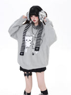 CRAZYGIRL Plush Cat Embossed Crewneck Cardigan Loose Fit Women's Thermal Sweaters