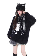 CRAZYGIRL Plush Cat Embossed Crewneck Cardigan Loose Fit Women's Thermal Sweaters