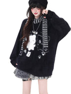 CRAZYGIRL Plush Cat Embossed Crewneck Cardigan Loose Fit Women's Thermal Sweaters