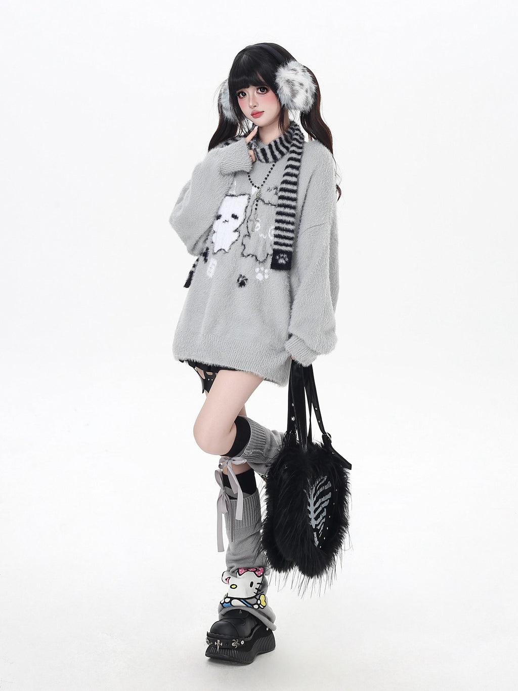 CRAZYGIRL Plush Cat Embossed Crewneck Cardigan Loose Fit Women's Thermal Sweaters