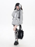 CRAZYGIRL Plush Cat Embossed Crewneck Cardigan Loose Fit Women's Thermal Sweaters
