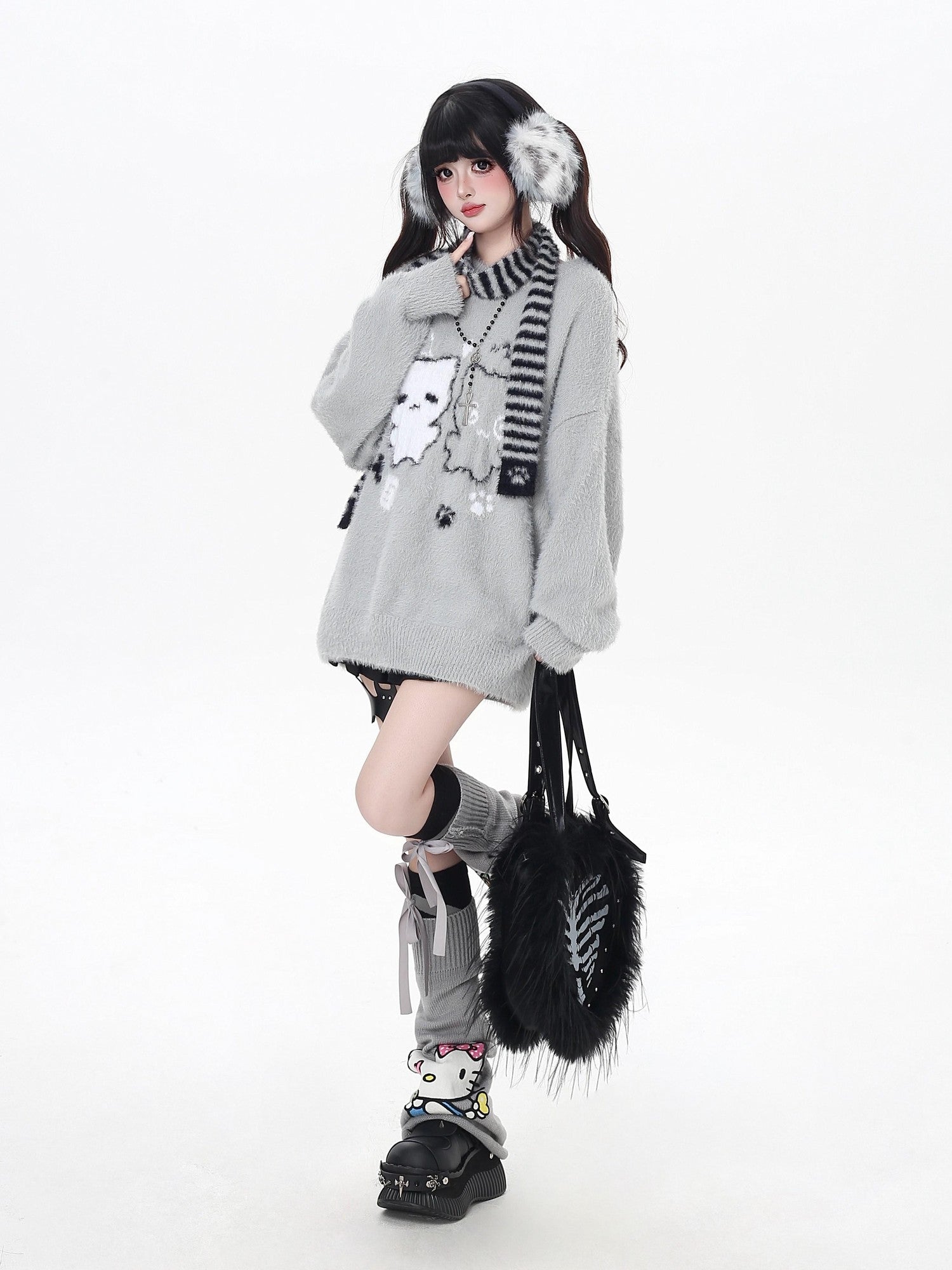 CRAZYGIRL Plush Cat Embossed Crewneck Cardigan Loose Fit Women's Thermal Sweaters