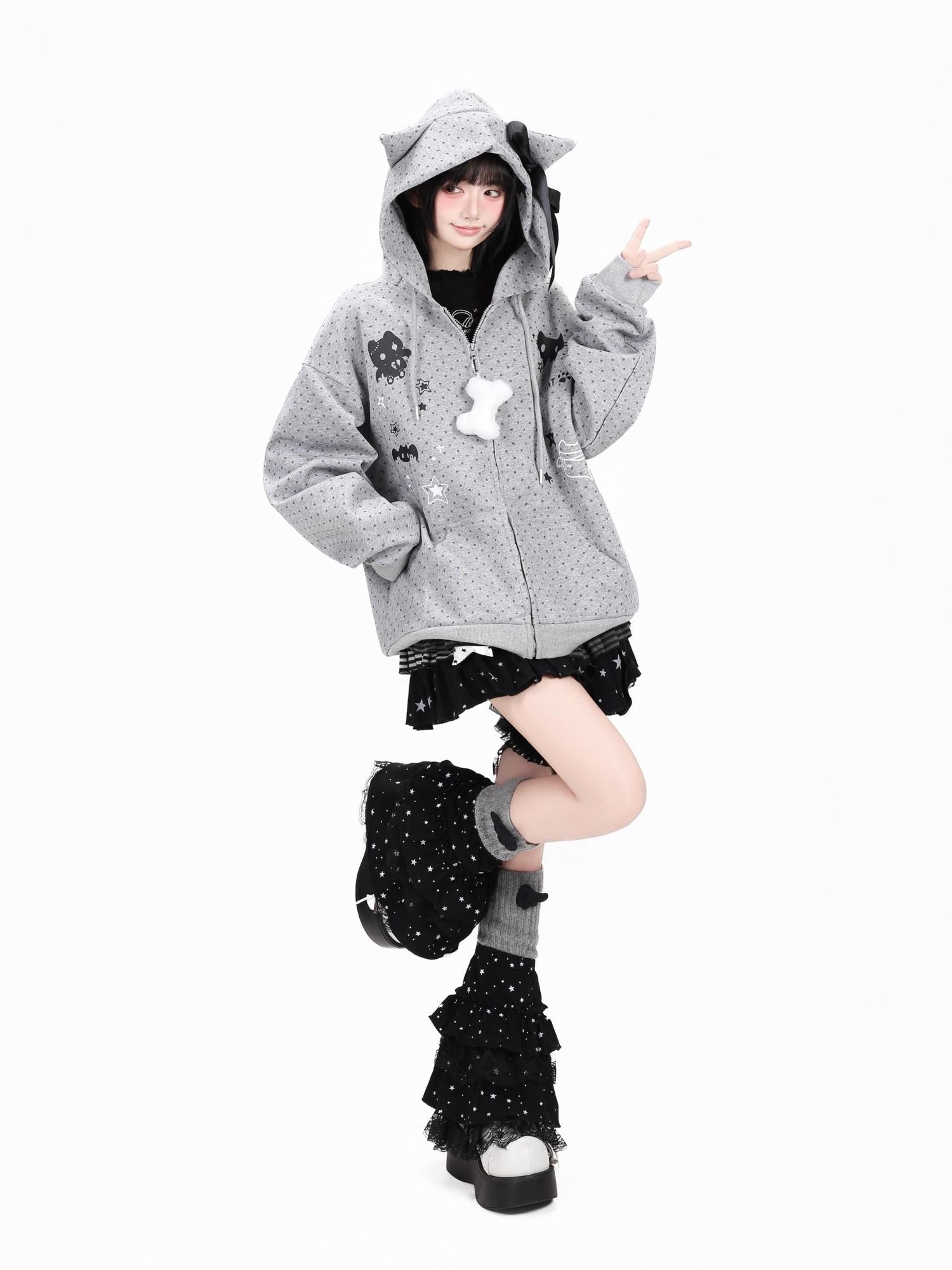 CRAZYGIRL Polka Dot 3d Cat Ear Striped Zippered Loose Women's Other Material Hoodies