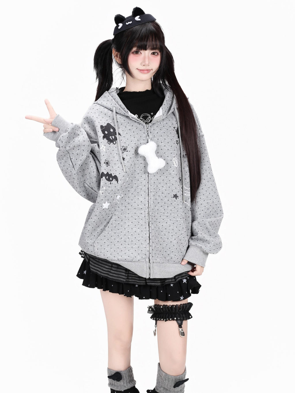 CRAZYGIRL Polka Dot 3d Cat Ear Striped Zippered Loose Women's Other Material Hoodies