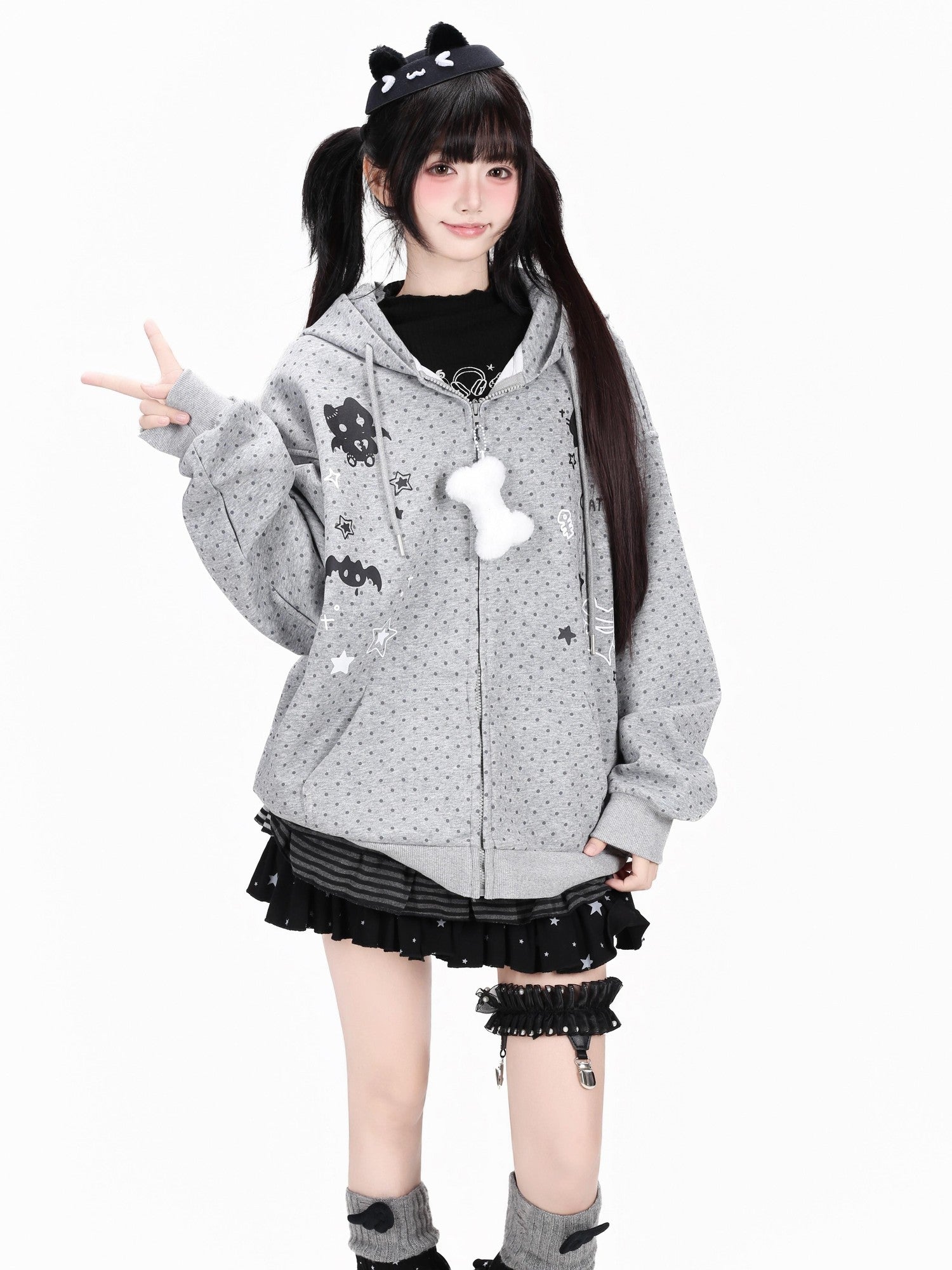 CRAZYGIRL Polka Dot 3d Cat Ear Striped Zippered Loose Women's Other Material Hoodies
