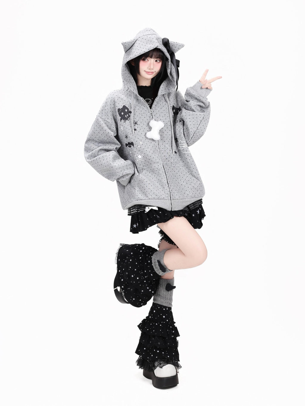 CRAZYGIRL Polka Dot 3d Cat Ear Striped Zippered Loose Women's Other Material Hoodies