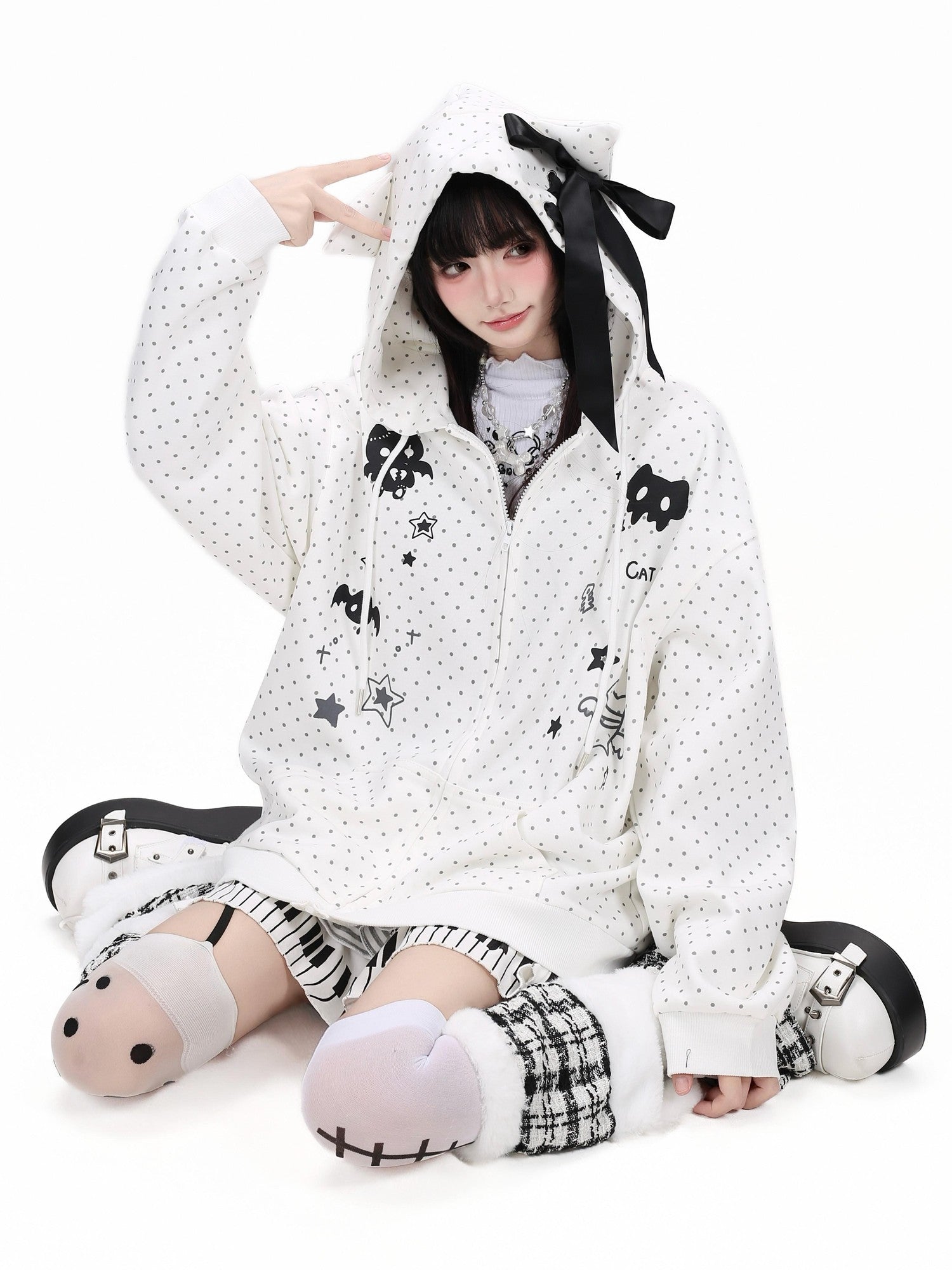 CRAZYGIRL Polka Dot 3d Cat Ear Striped Zippered Loose Women's Other Material Hoodies