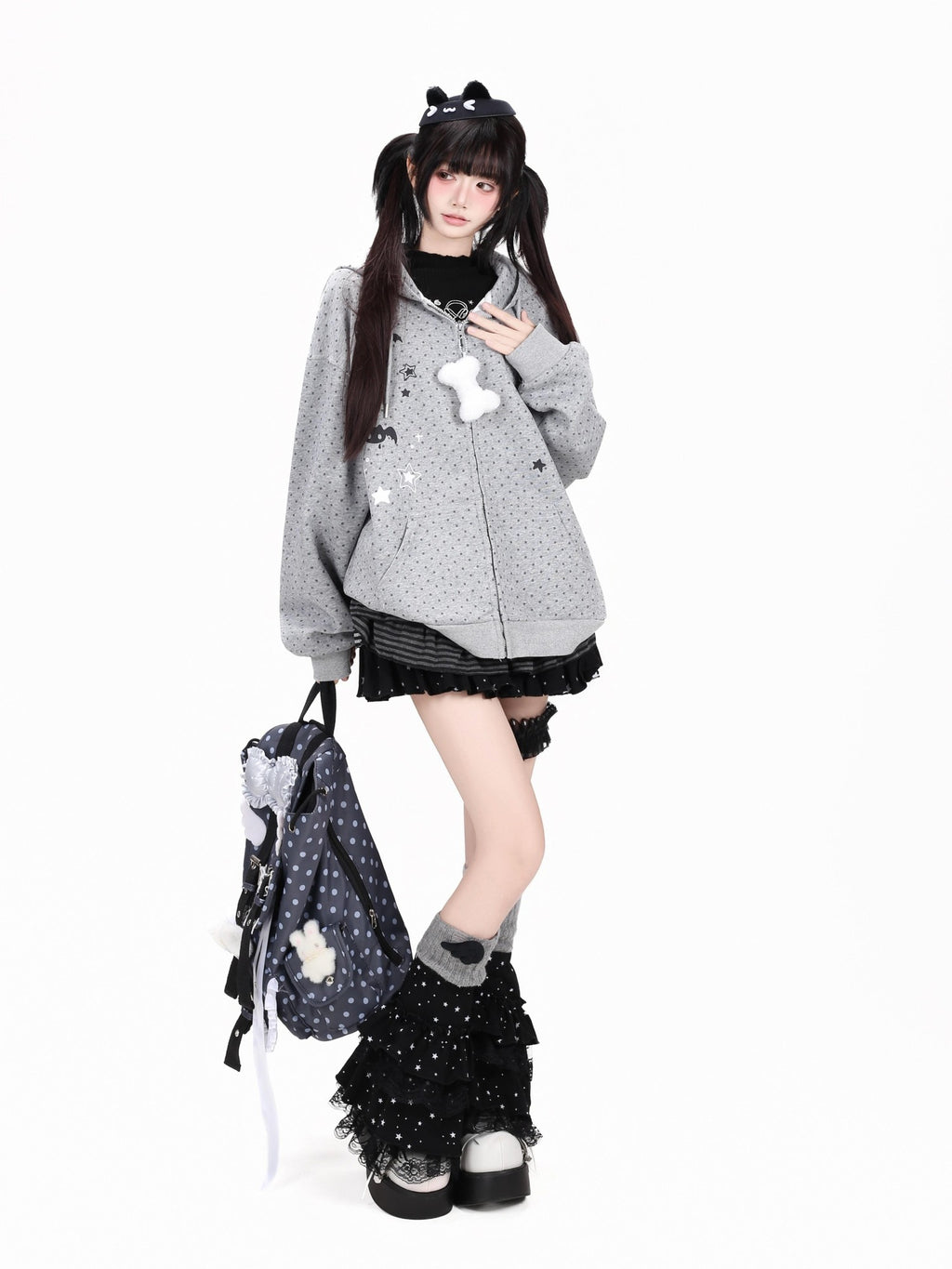 CRAZYGIRL Polka Dot 3d Cat Ear Striped Zippered Loose Women's Other Material Hoodies