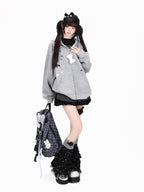 CRAZYGIRL Polka Dot 3d Cat Ear Striped Zippered Loose Women's Other Material Hoodies
