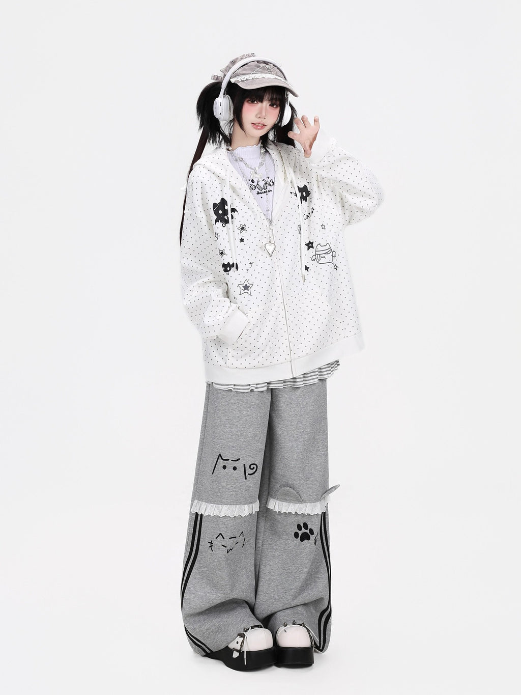 CRAZYGIRL Polka Dot 3d Cat Ear Striped Zippered Loose Women's Other Material Hoodies