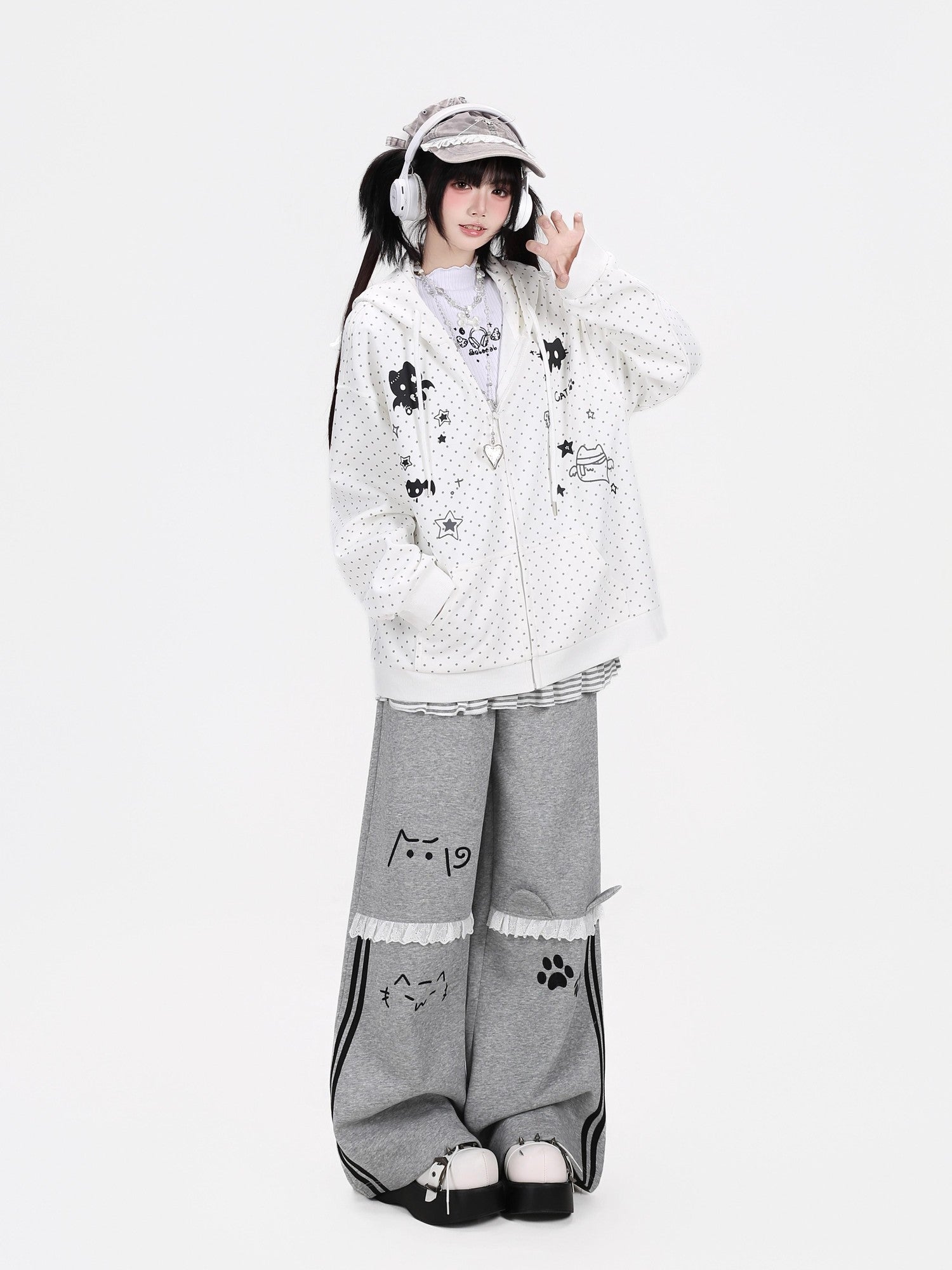 CRAZYGIRL Polka Dot 3d Cat Ear Striped Zippered Loose Women's Other Material Hoodies