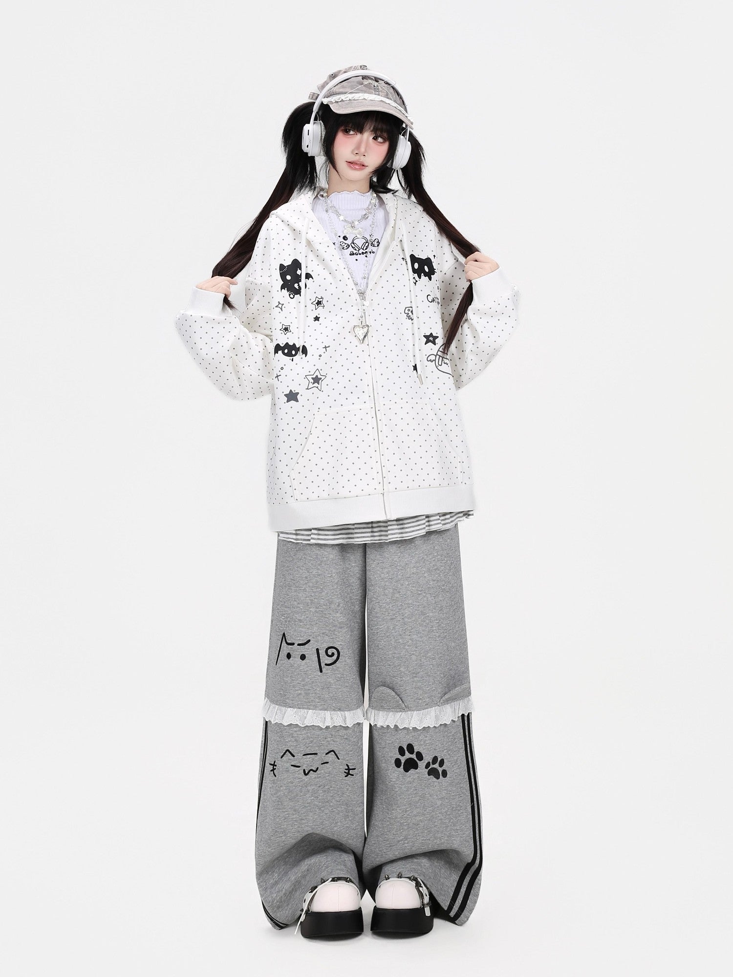 CRAZYGIRL Polka Dot 3d Cat Ear Striped Zippered Loose Women's Other Material Hoodies