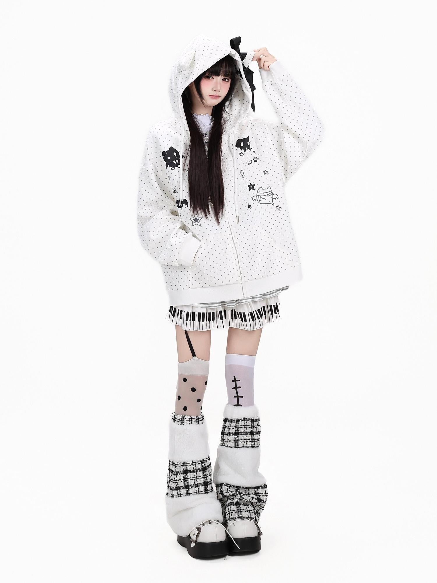 CRAZYGIRL Polka Dot 3d Cat Ear Striped Zippered Loose Women's Other Material Hoodies