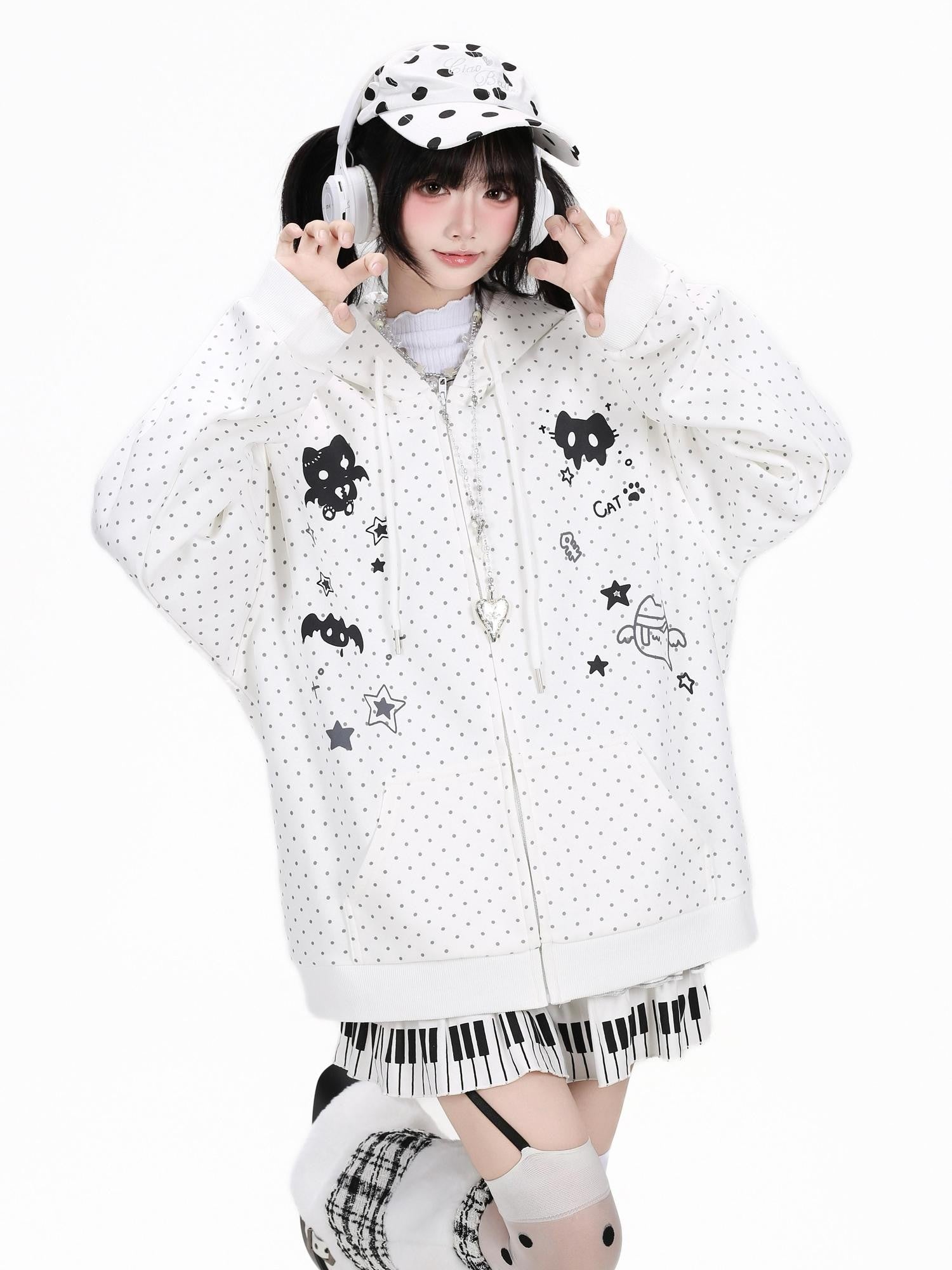 CRAZYGIRL Polka Dot 3d Cat Ear Striped Zippered Loose Women's Other Material Hoodies