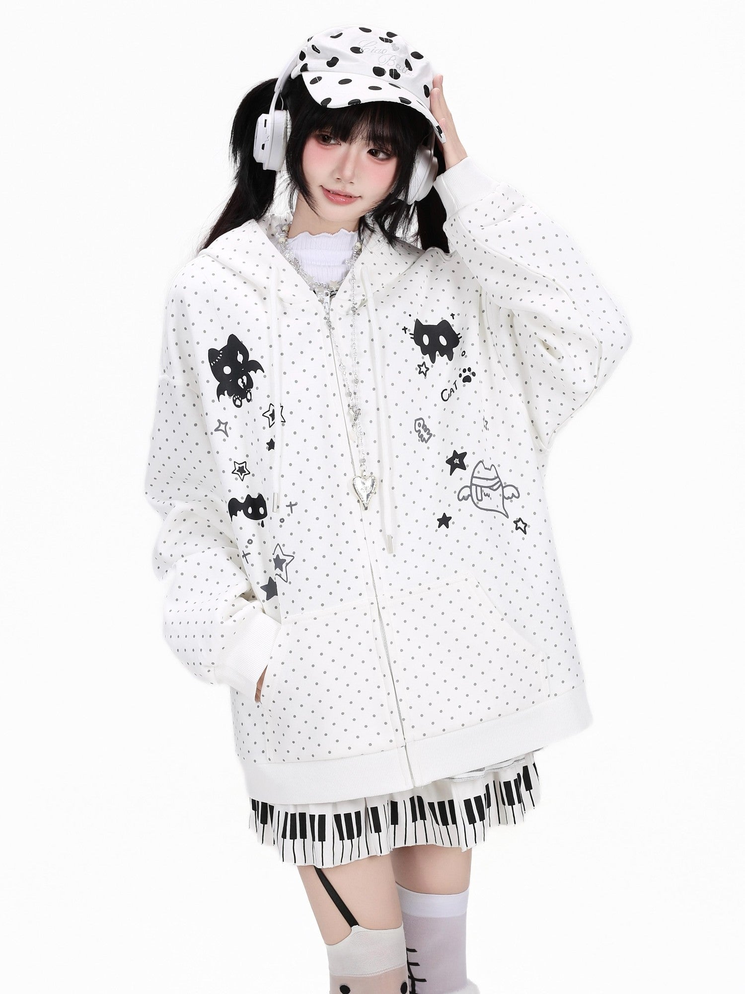 CRAZYGIRL Polka Dot 3d Cat Ear Striped Zippered Loose Women's Other Material Hoodies