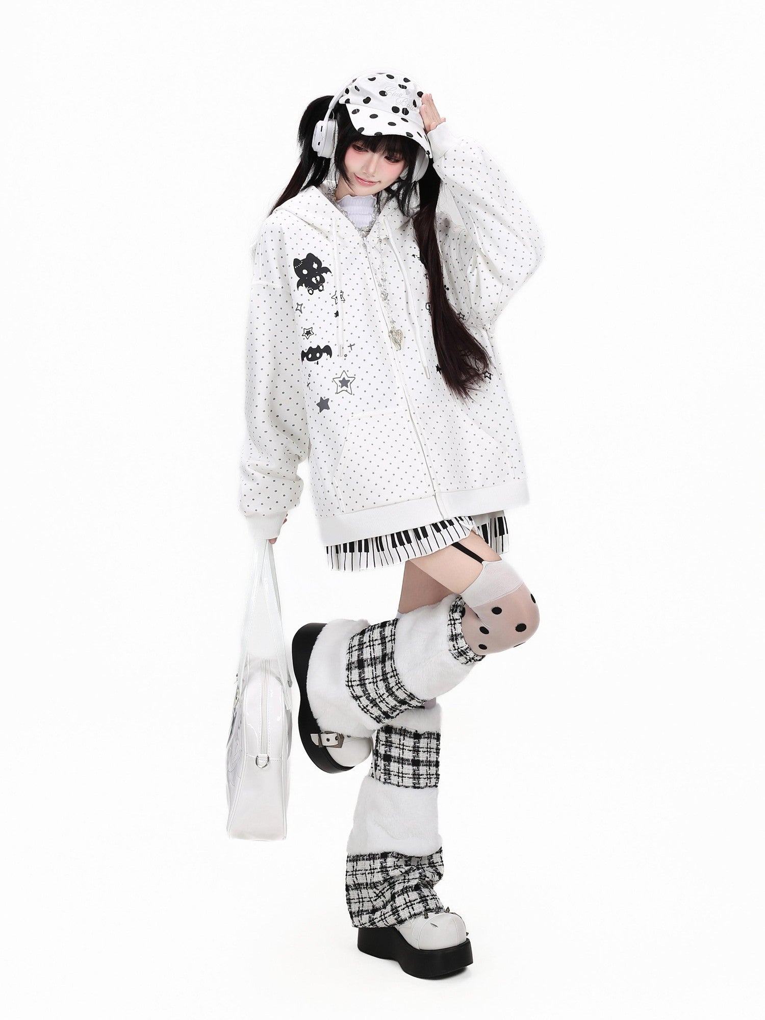 CRAZYGIRL Polka Dot 3d Cat Ear Striped Zippered Loose Women's Other Material Hoodies