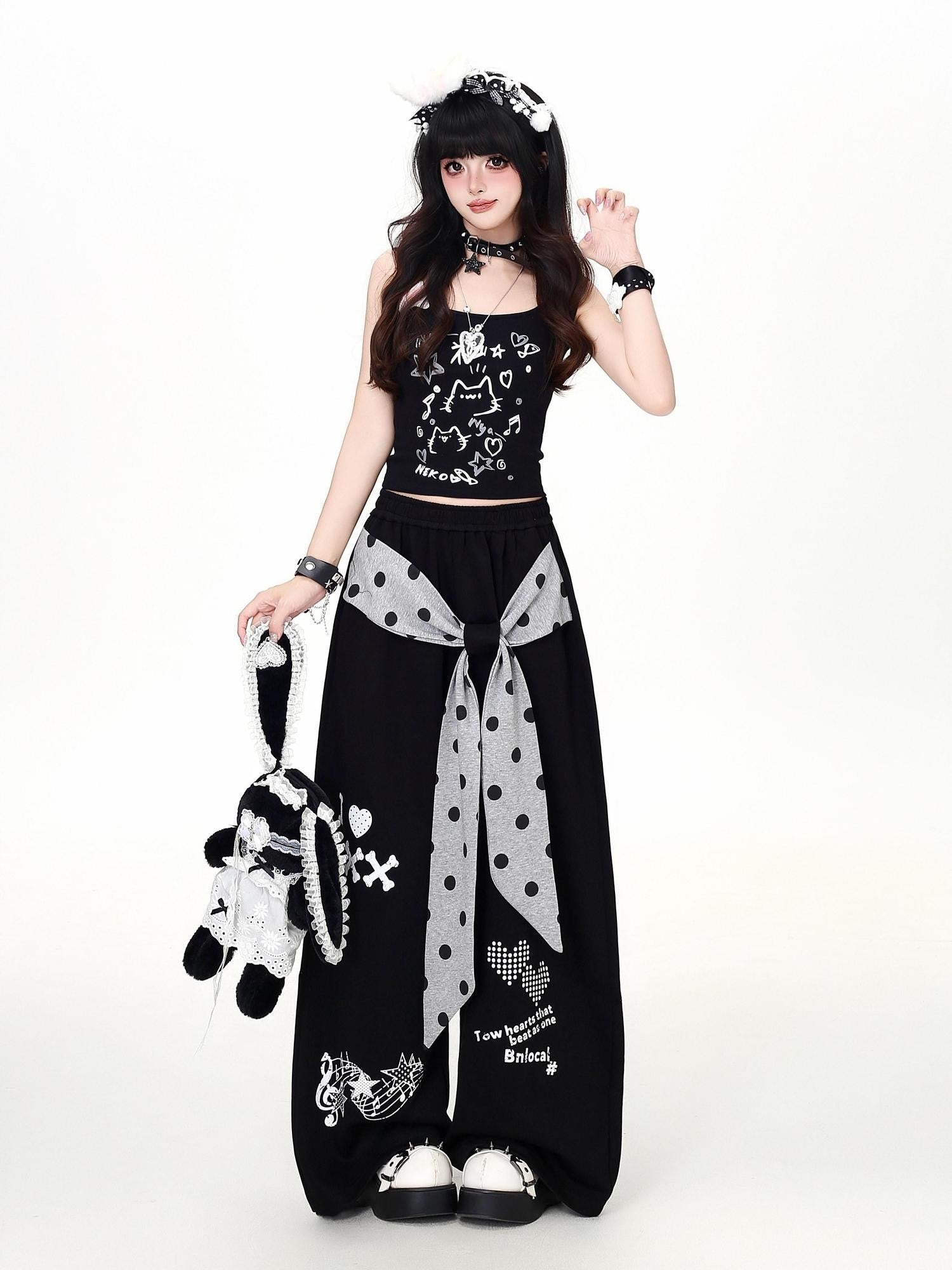 CRAZYGIRL Polka Dot Bow High Waist Loose Draped Women's Other Fabric Chinos