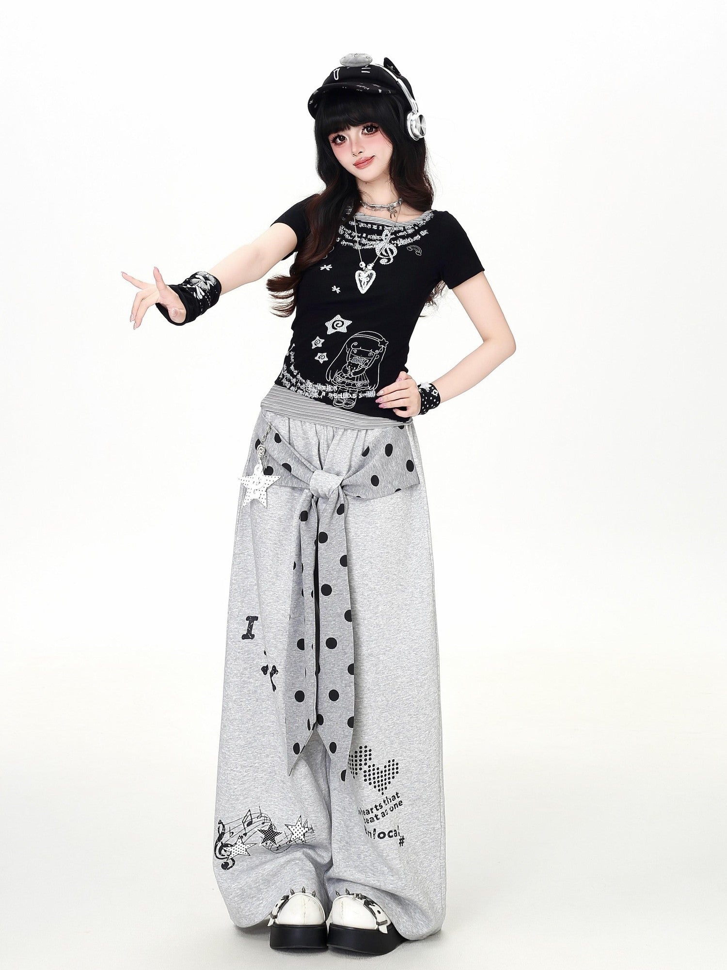 CRAZYGIRL Polka Dot Bow High Waist Loose Draped Women's Other Fabric Chinos
