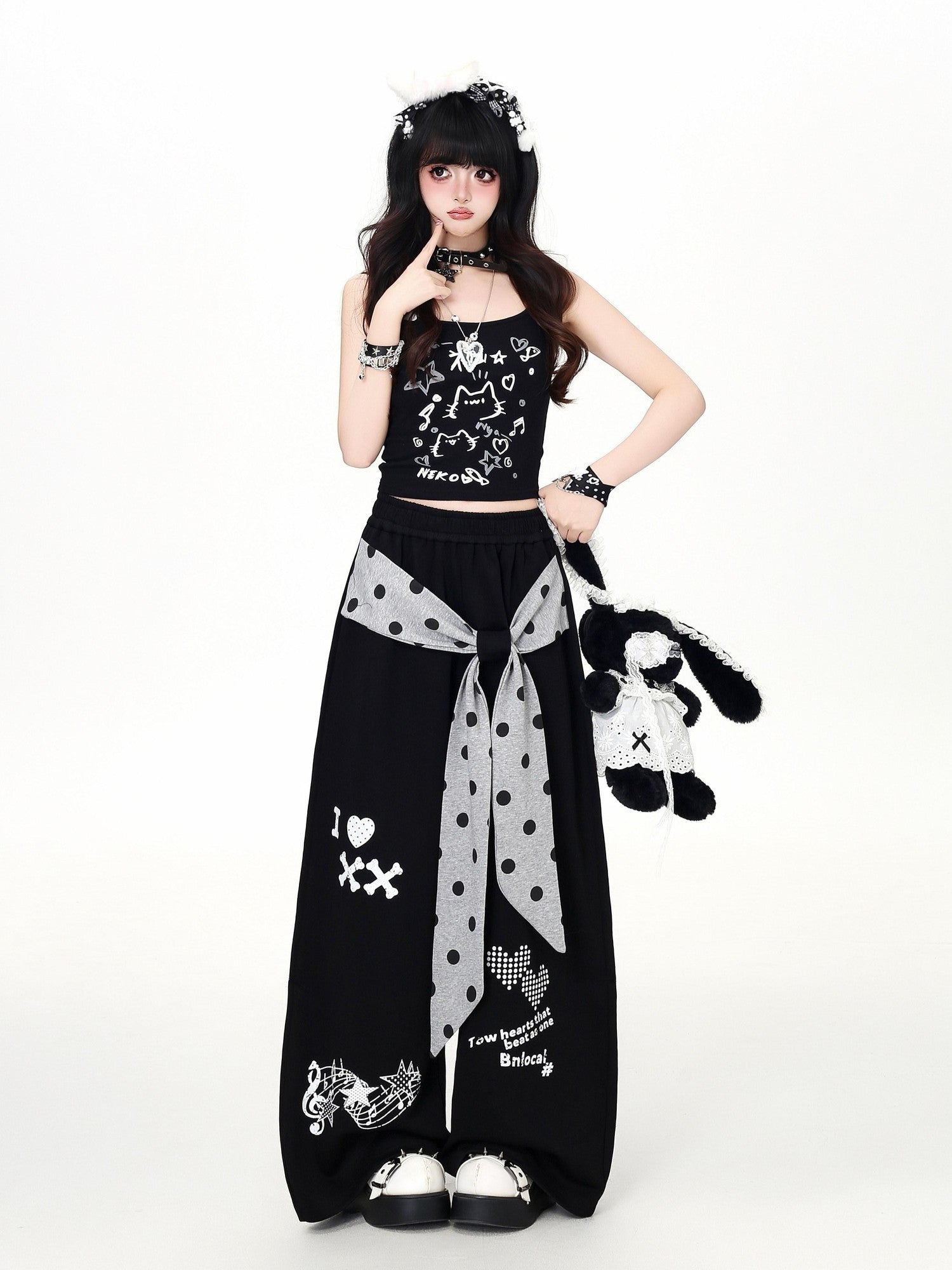 CRAZYGIRL Polka Dot Bow High Waist Loose Draped Women's Other Fabric Chinos