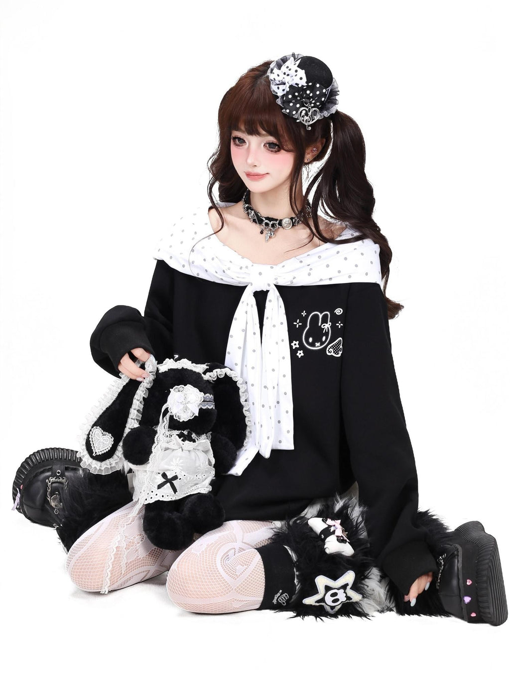 CRAZYGIRL Polka Dot Cartoon Print Bow Cape Women's Loose Other Fabric Hoodies