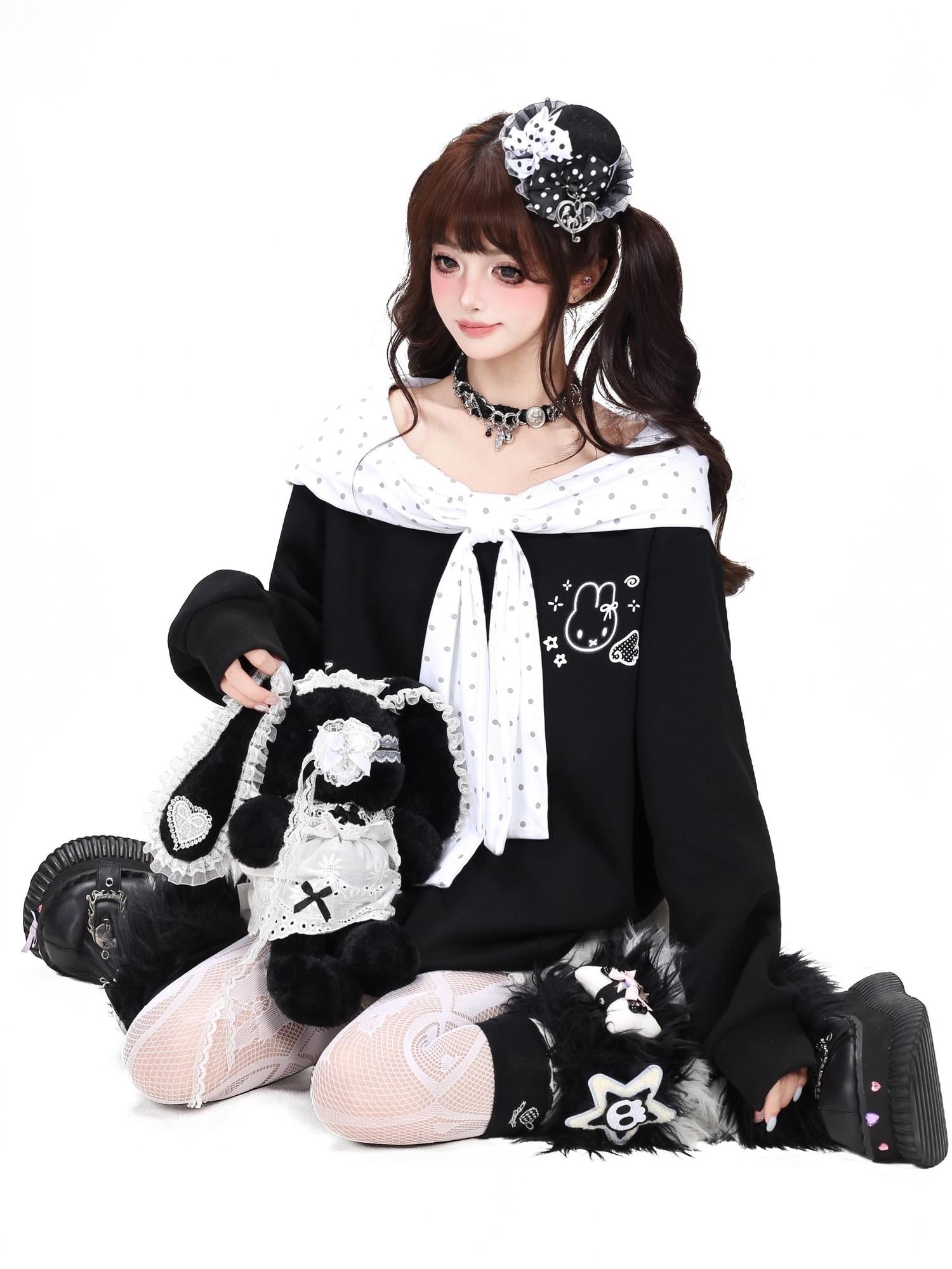 CRAZYGIRL Polka Dot Cartoon Print Bow Cape Women's Loose Other Fabric Hoodies