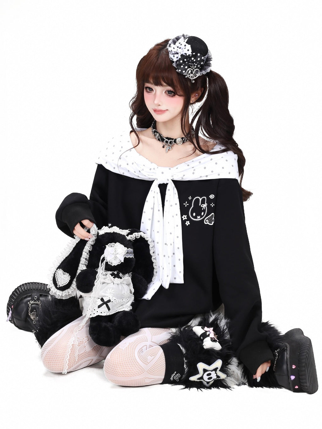CRAZYGIRL Polka Dot Cartoon Print Bow Cape Women's Loose Other Fabric Hoodies