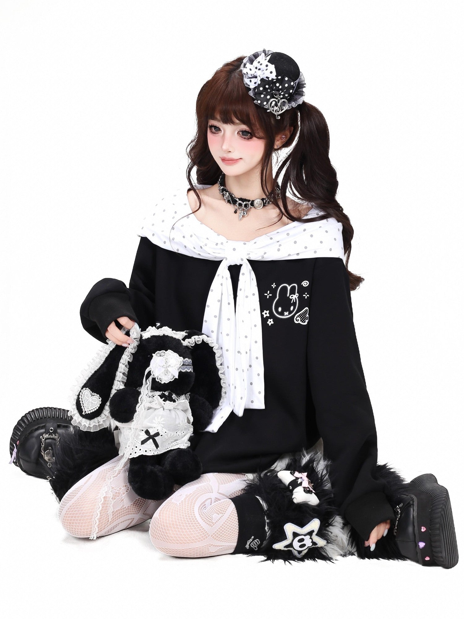 CRAZYGIRL Polka Dot Cartoon Print Bow Cape Women's Loose Other Fabric Hoodies