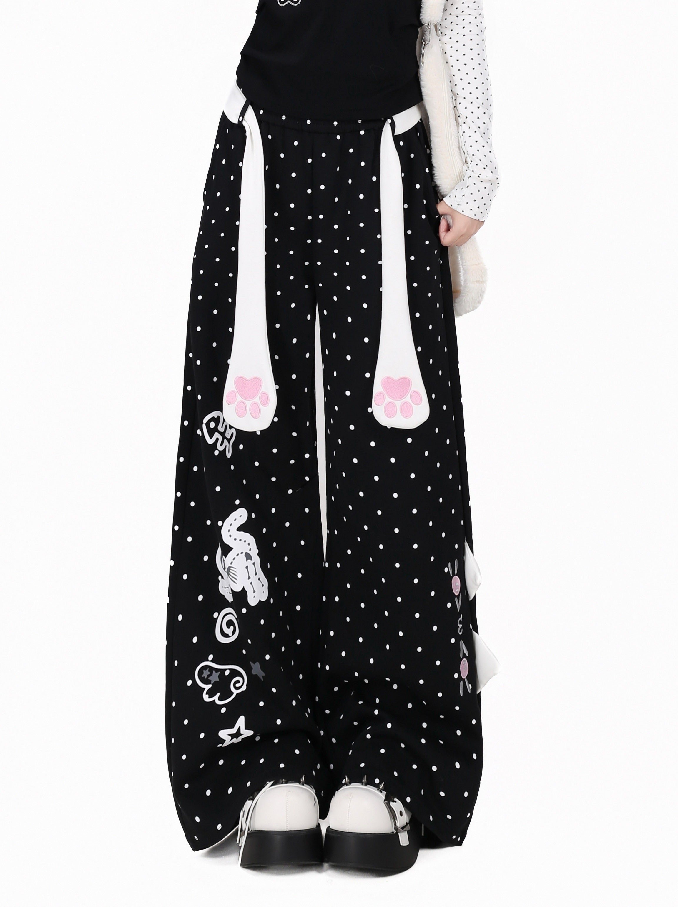 CRAZYGIRL_Polka_Dot_Cat_Print_High_Waist_Loose_Straight_Women's_Sweatpants/joggers_1067584682688_MISSTT