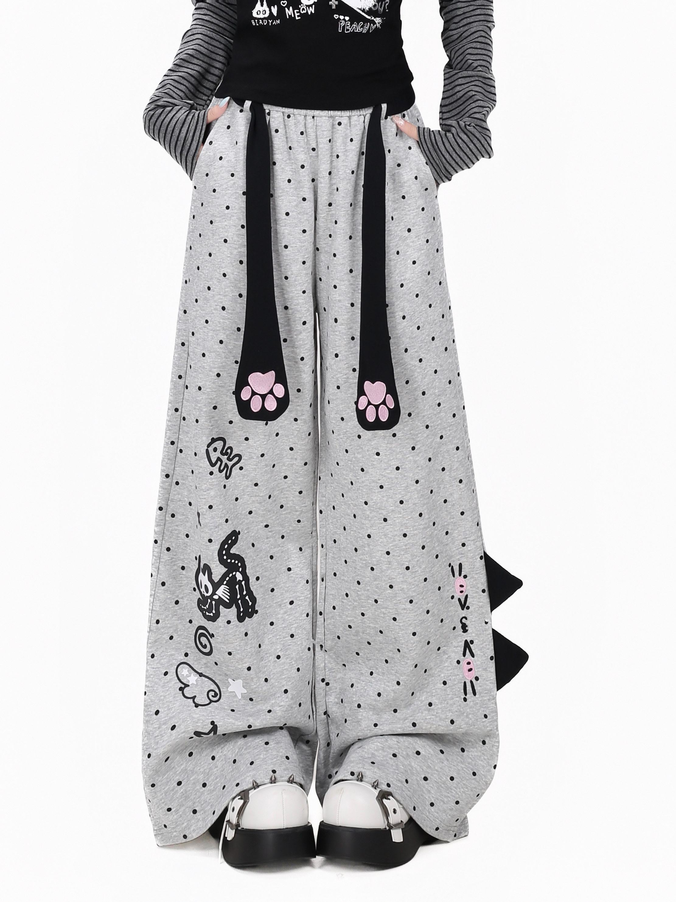 CRAZYGIRL_Polka_Dot_Cat_Print_High_Waist_Loose_Straight_Women's_Sweatpants/joggers_1067584682688_MISSTT