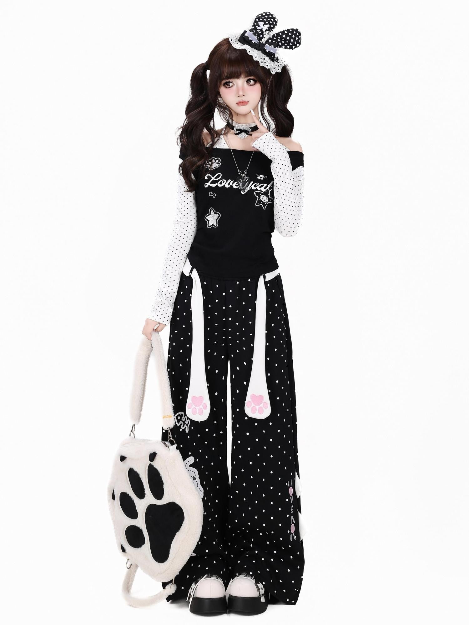 CRAZYGIRL Polka Dot Cat Print High Waist Loose Straight Women's Sweatpants/joggers