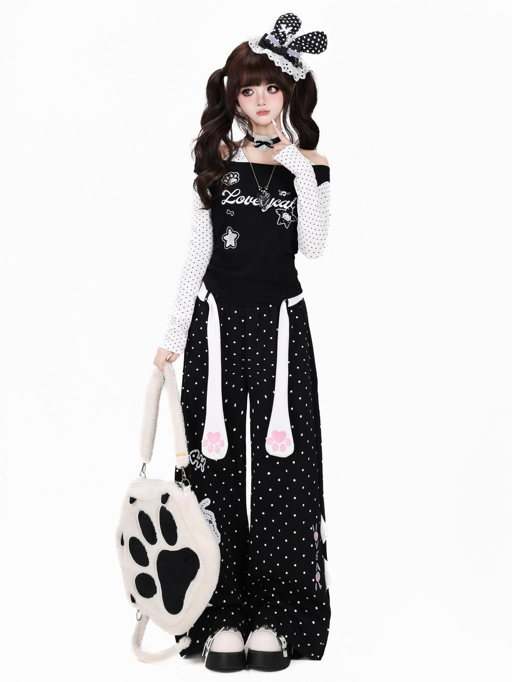 CRAZYGIRL Polka Dot Cat Print High Waist Loose Straight Women's Sweatpants/joggers