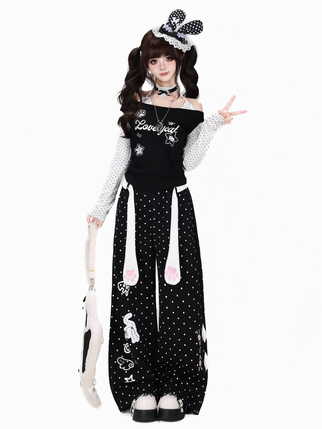 CRAZYGIRL Polka Dot Cat Print High Waist Loose Straight Women's Sweatpants/joggers