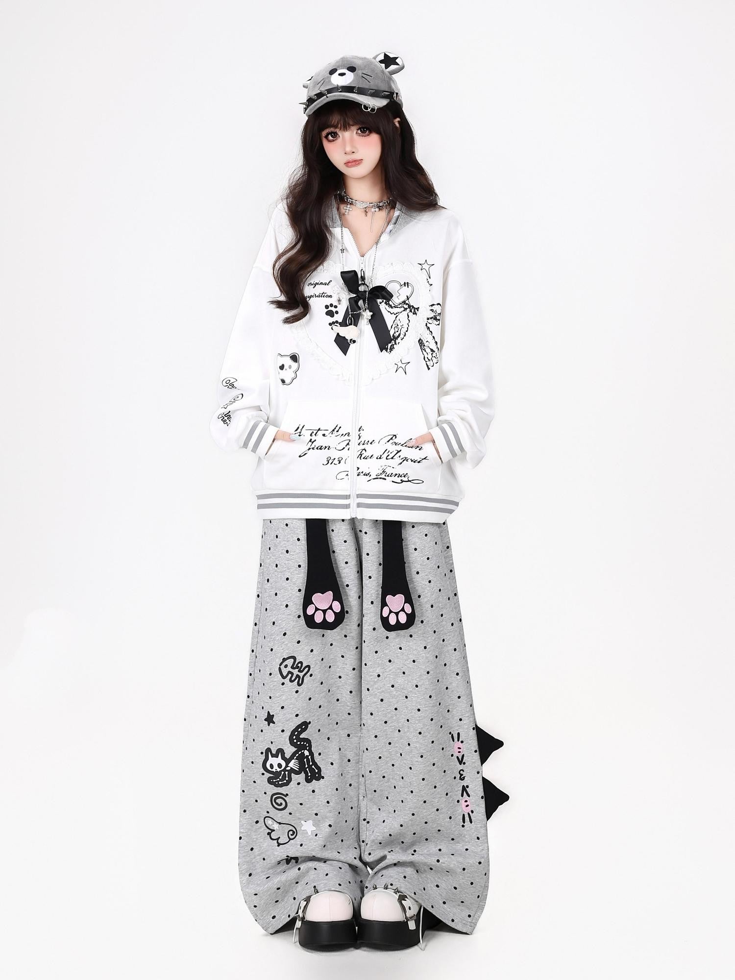 CRAZYGIRL Polka Dot Cat Print High Waist Loose Straight Women's Sweatpants/joggers
