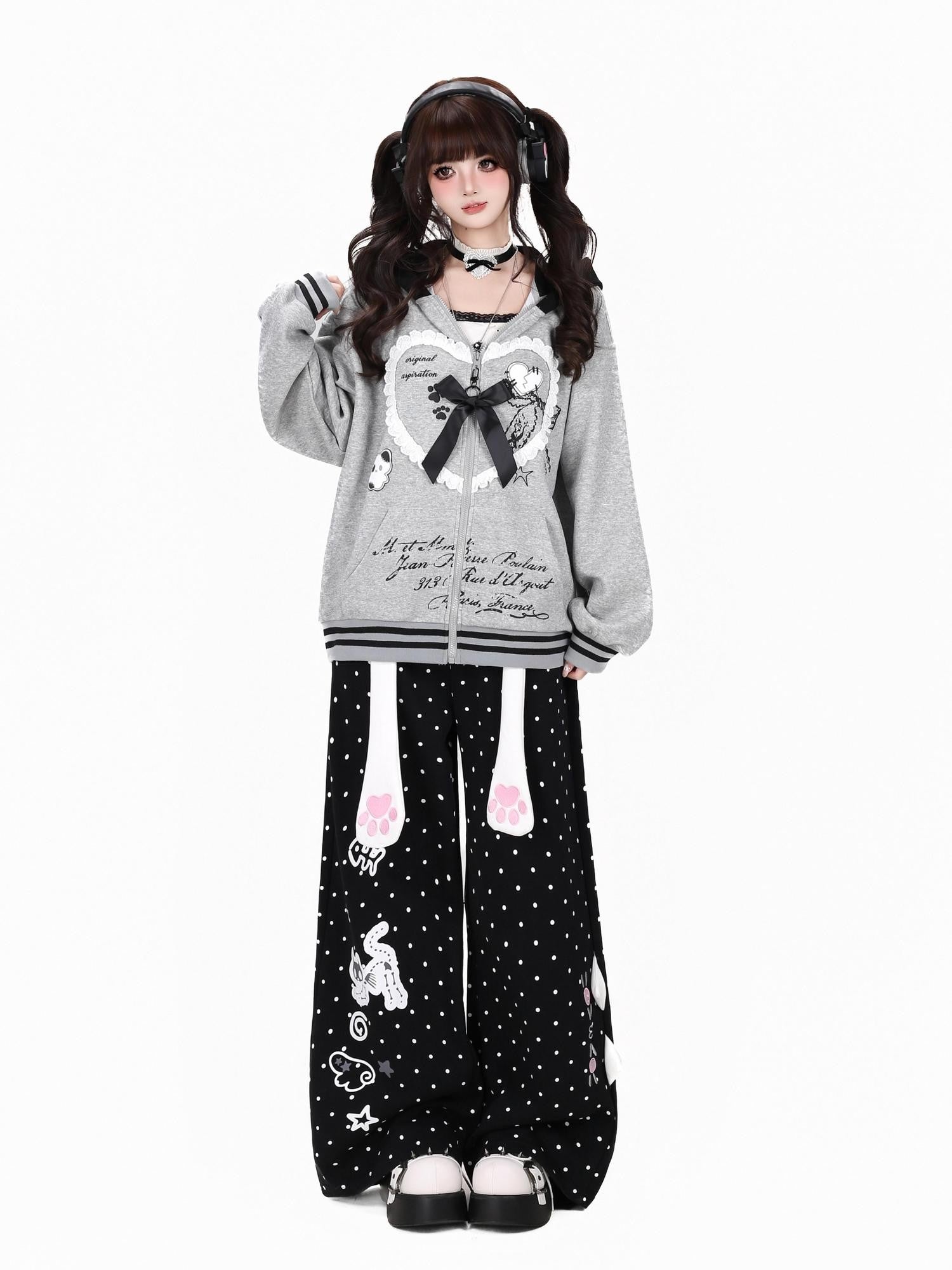 CRAZYGIRL Polka Dot Cat Print High Waist Loose Straight Women's Sweatpants/joggers