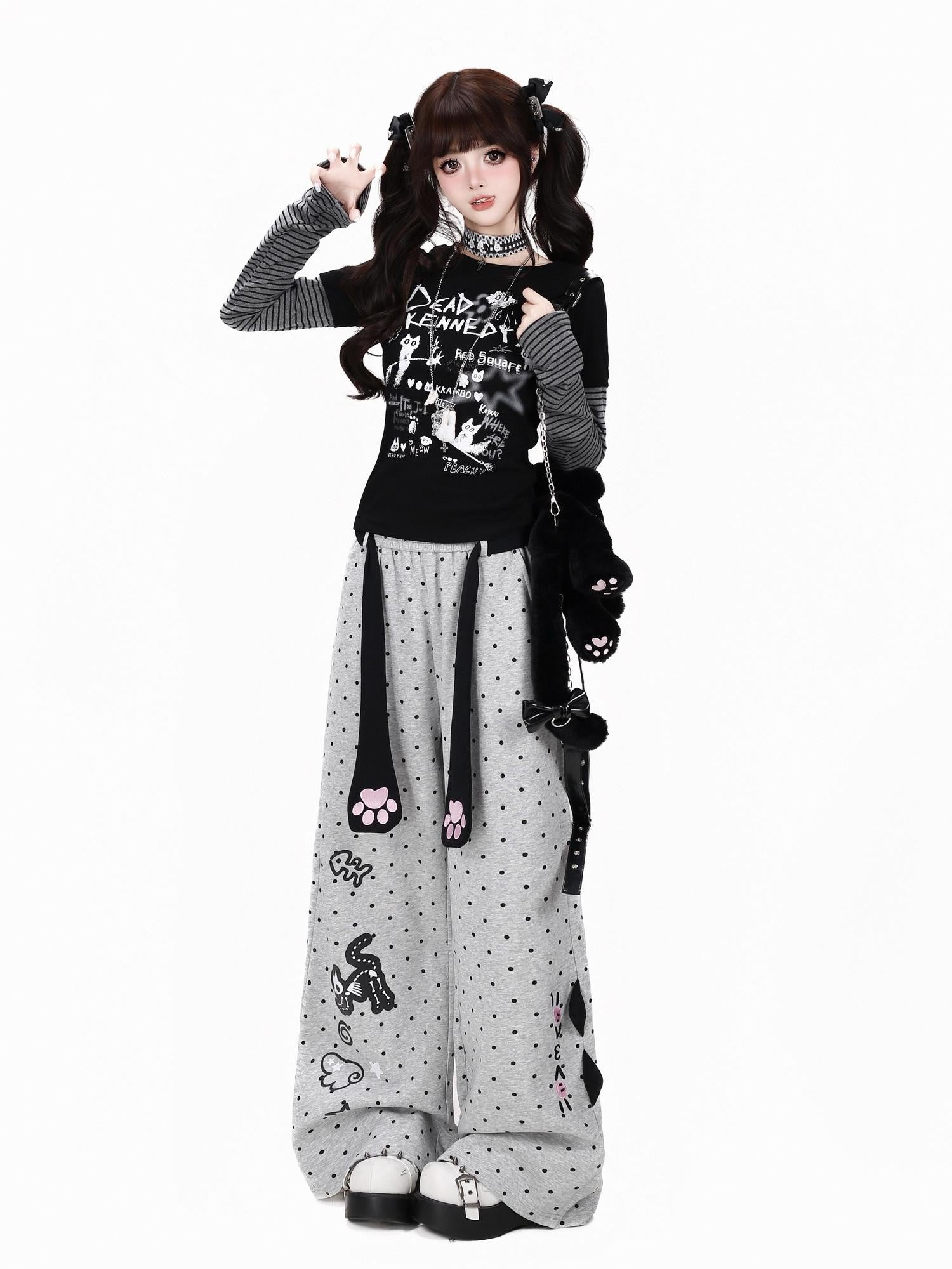 CRAZYGIRL Polka Dot Cat Print High Waist Loose Straight Women's Sweatpants/joggers