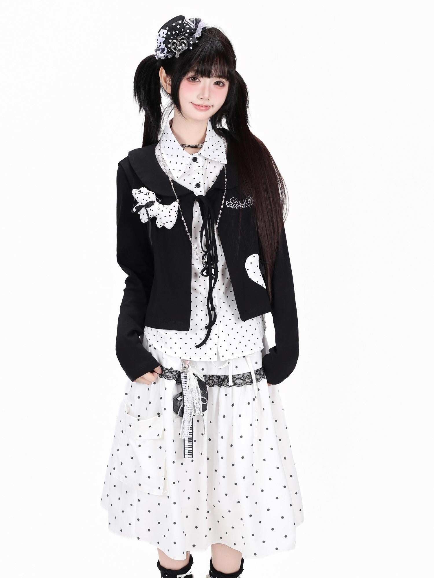 CRAZYGIRL Polka Dot Faux Two Piece Collared Slim Pocket Longsleeve Women's Blouses