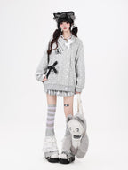 CRAZYGIRL Polka Dot Lapel Collar Bone Charm Tie Front Loose Fit Women's Hoodies