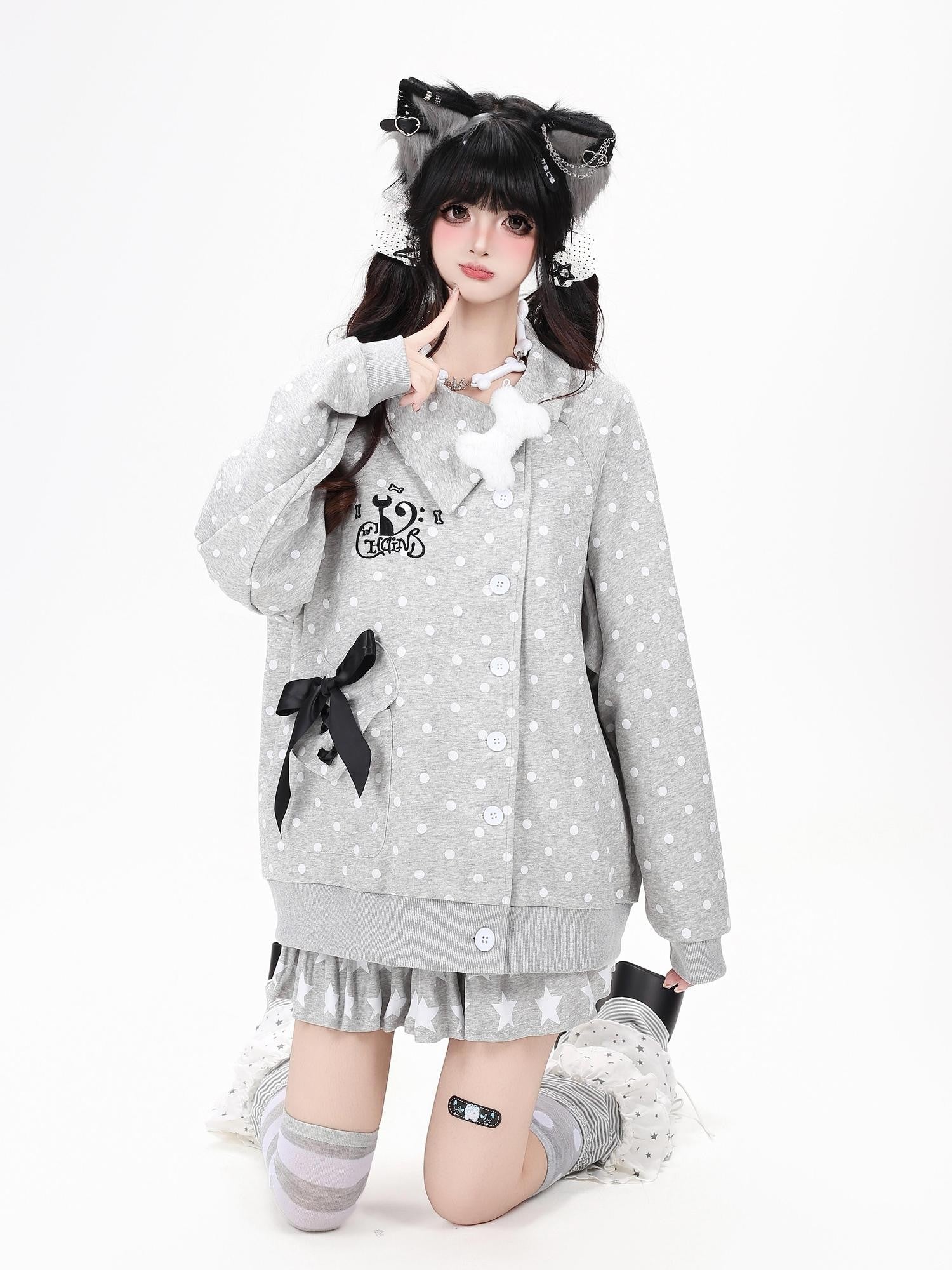 CRAZYGIRL Polka Dot Lapel Collar Bone Charm Tie Front Loose Fit Women's Hoodies