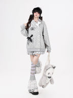 CRAZYGIRL Polka Dot Lapel Collar Bone Charm Tie Front Loose Fit Women's Hoodies
