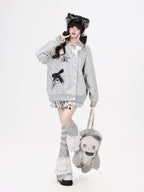 CRAZYGIRL Polka Dot Lapel Collar Bone Charm Tie Front Loose Fit Women's Hoodies