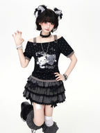 CRAZYGIRL Polka Dot Off Shoulder Spaghetti Strap Slim Fit Women's Short Sleeve T-shirts