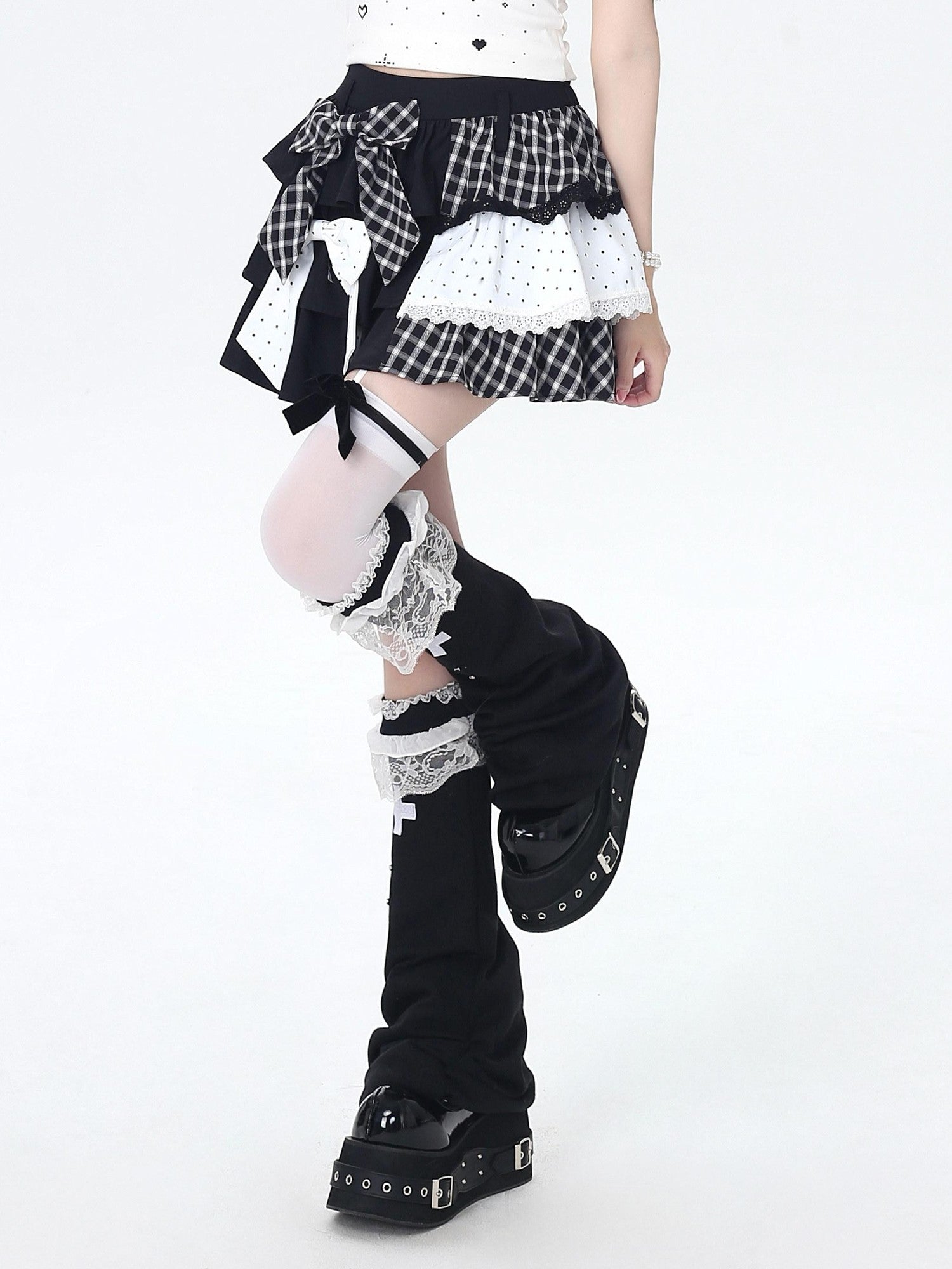 CRAZYGIRL Polka Dot Patchwork Contrast Check High Waist Women's Ruffled Cake Mini Skirts