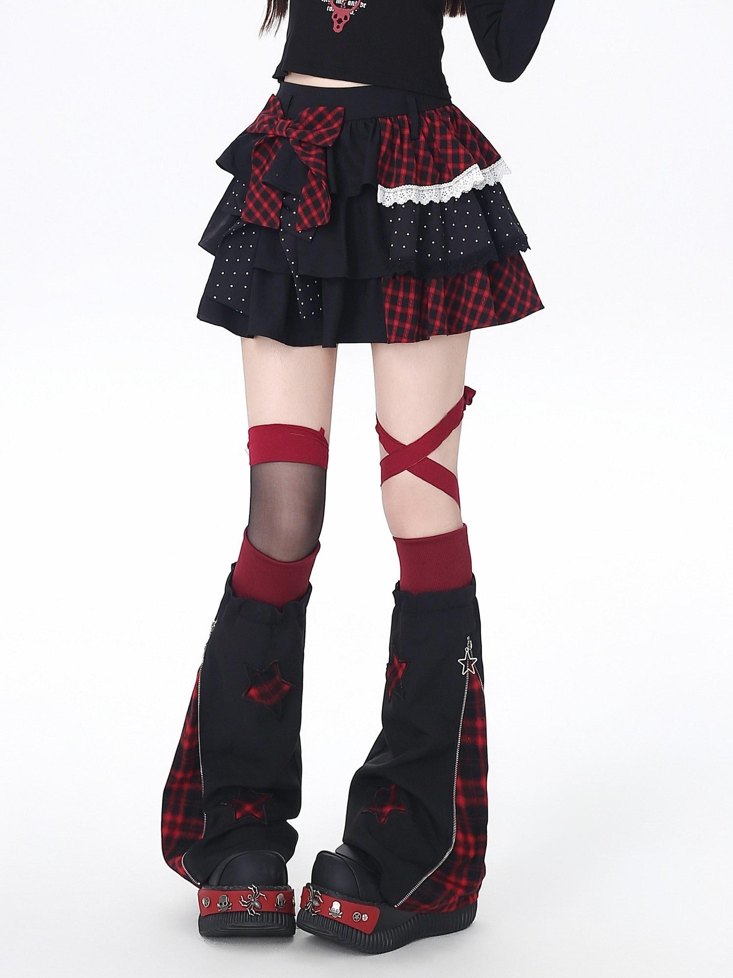 CRAZYGIRL Polka Dot Patchwork Contrast Check High Waist Women's Ruffled Cake Mini Skirts