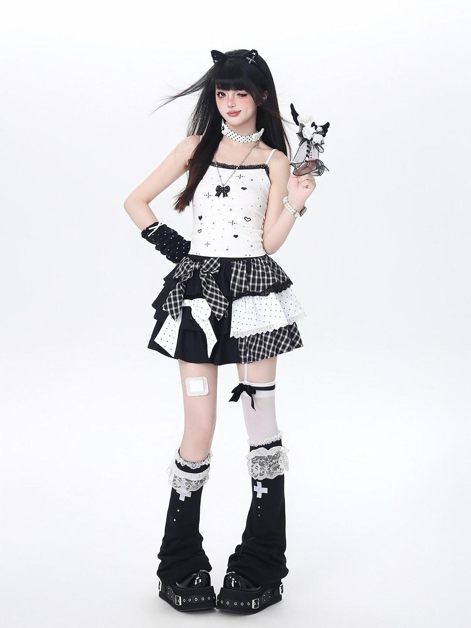 CRAZYGIRL Polka Dot Patchwork Contrast Check High Waist Women's Ruffled Cake Mini Skirts