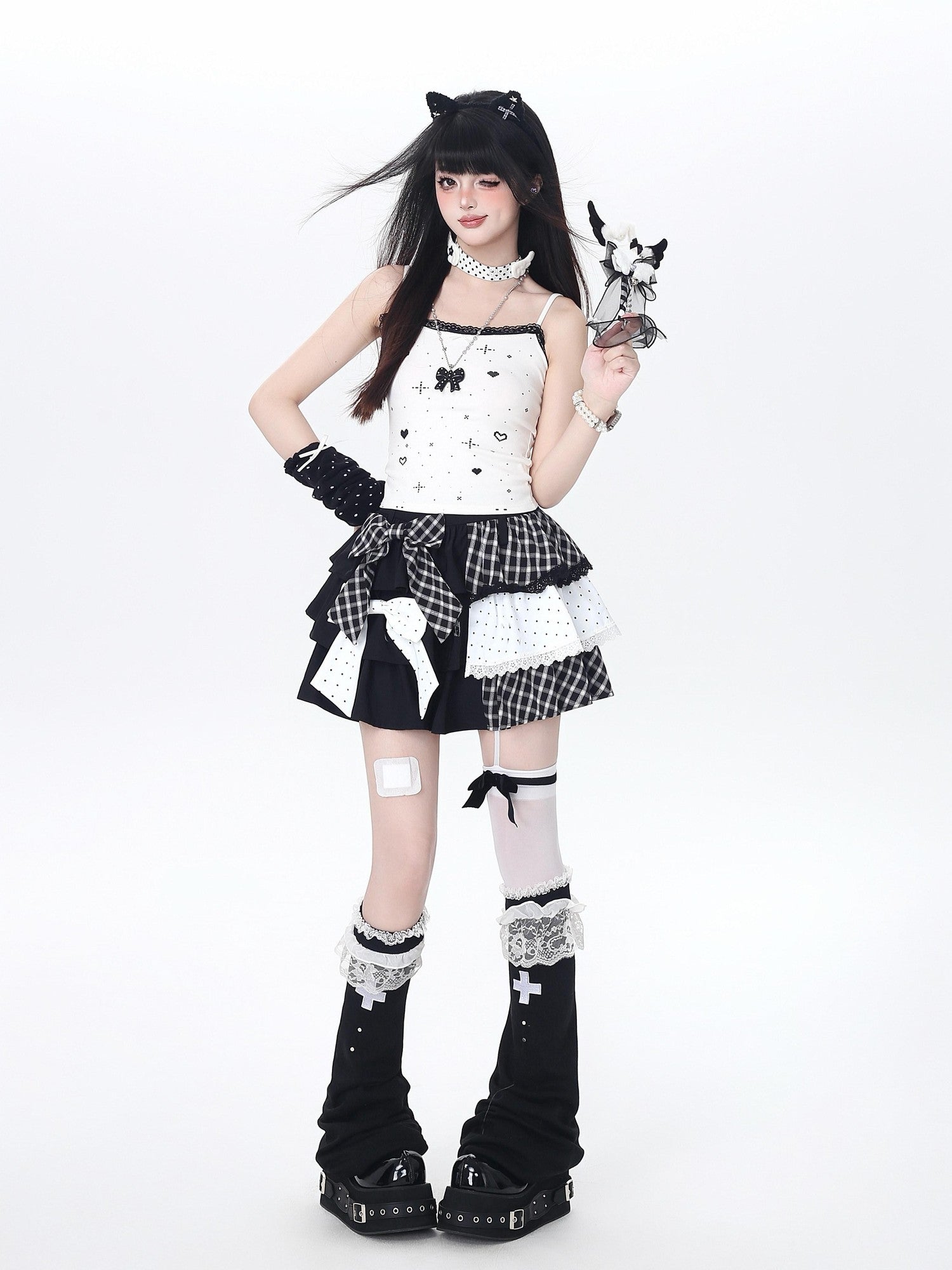 CRAZYGIRL Polka Dot Patchwork Contrast Check High Waist Women's Ruffled Cake Mini Skirts