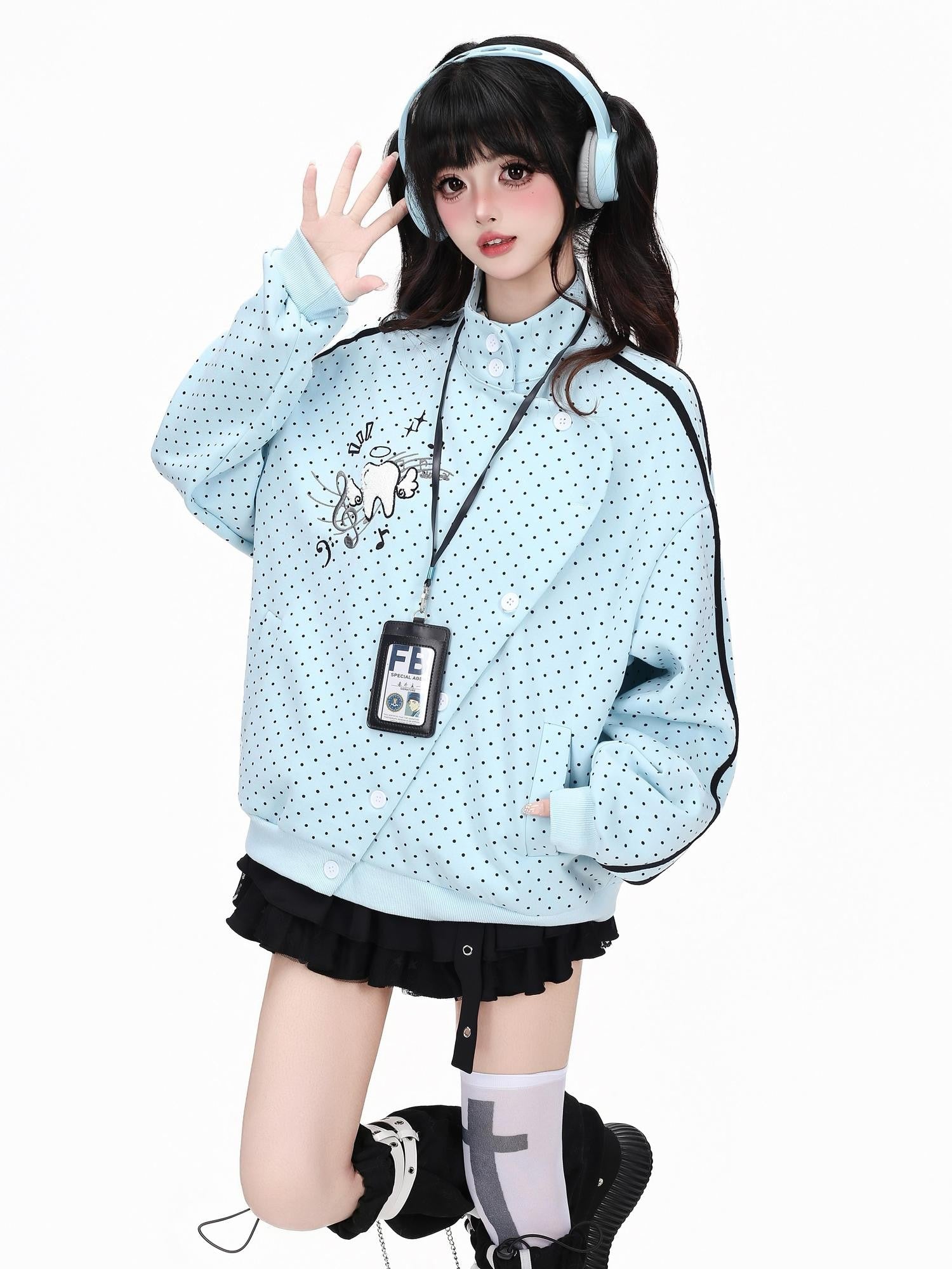 CRAZYGIRL Polka Dot Striped Embroidered Stand Collar Slouchy Women's Lightweight Jackets