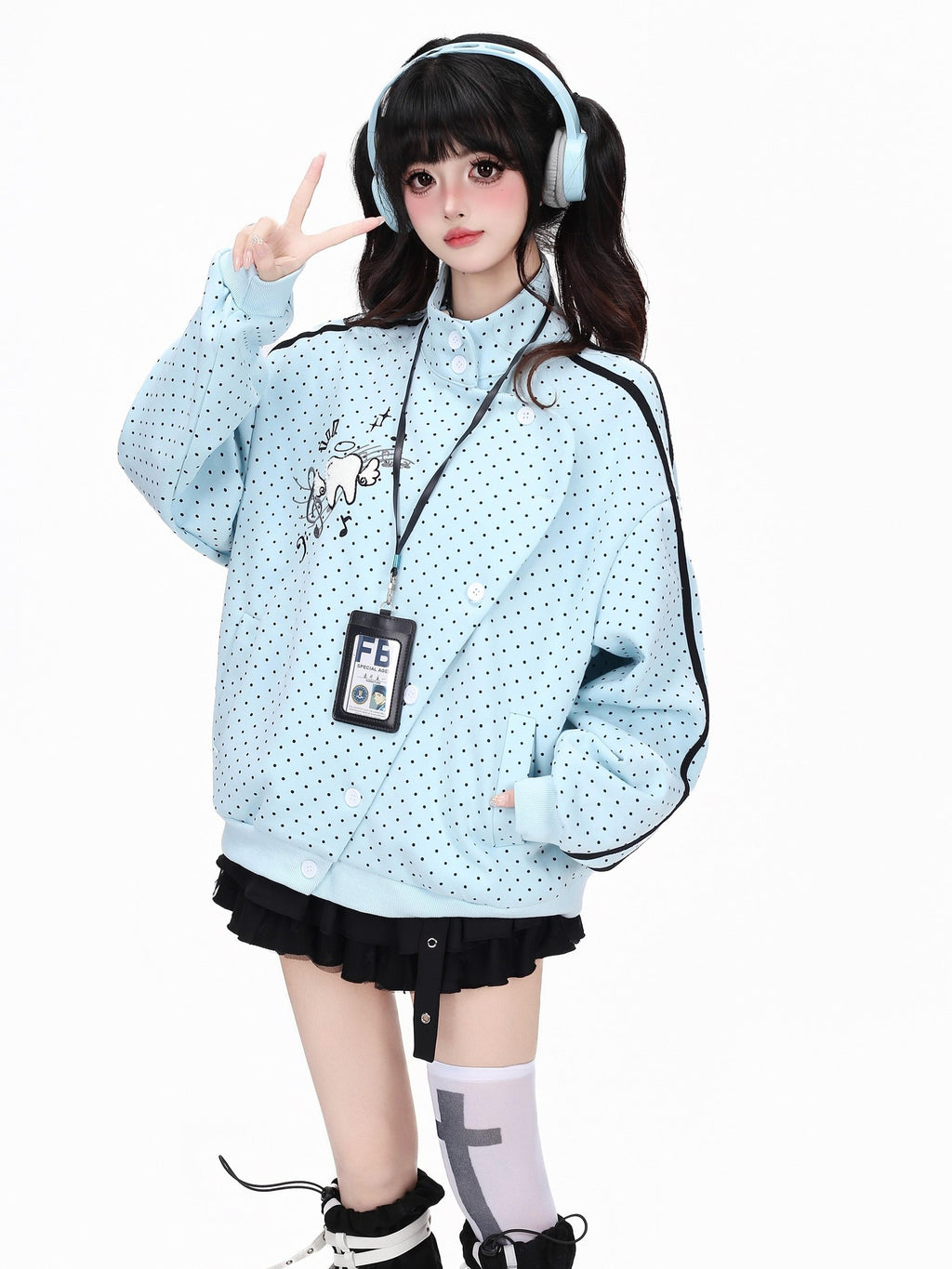CRAZYGIRL Polka Dot Striped Embroidered Stand Collar Slouchy Women's Lightweight Jackets