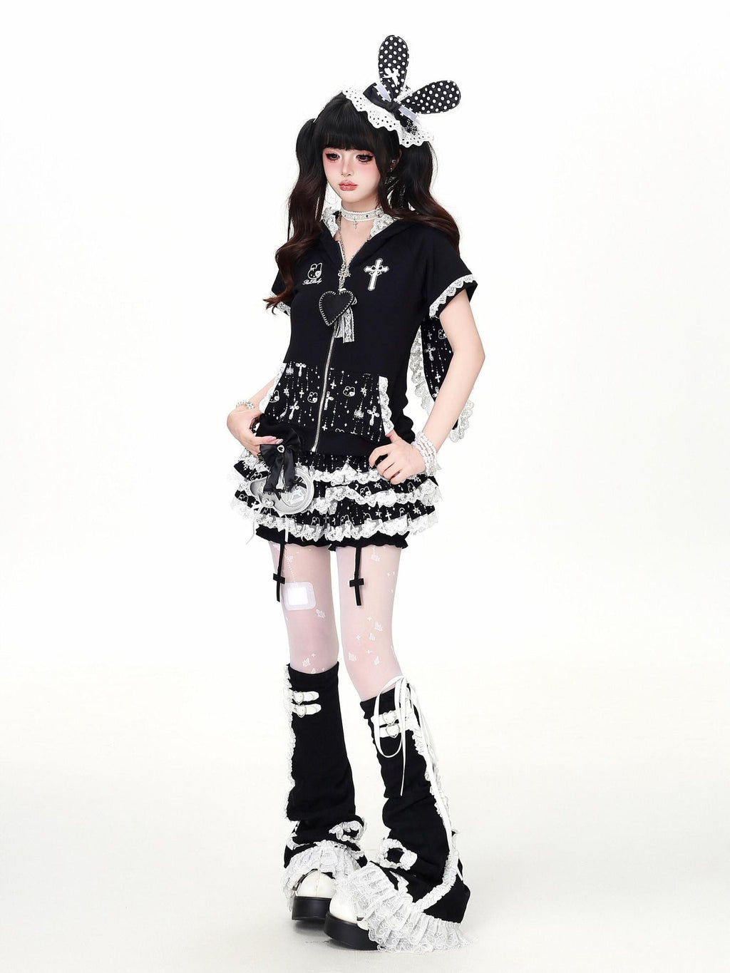 CRAZYGIRL Puff Lace Trim Cross Pendant Multilayer High Waist Women's Mini Skirts