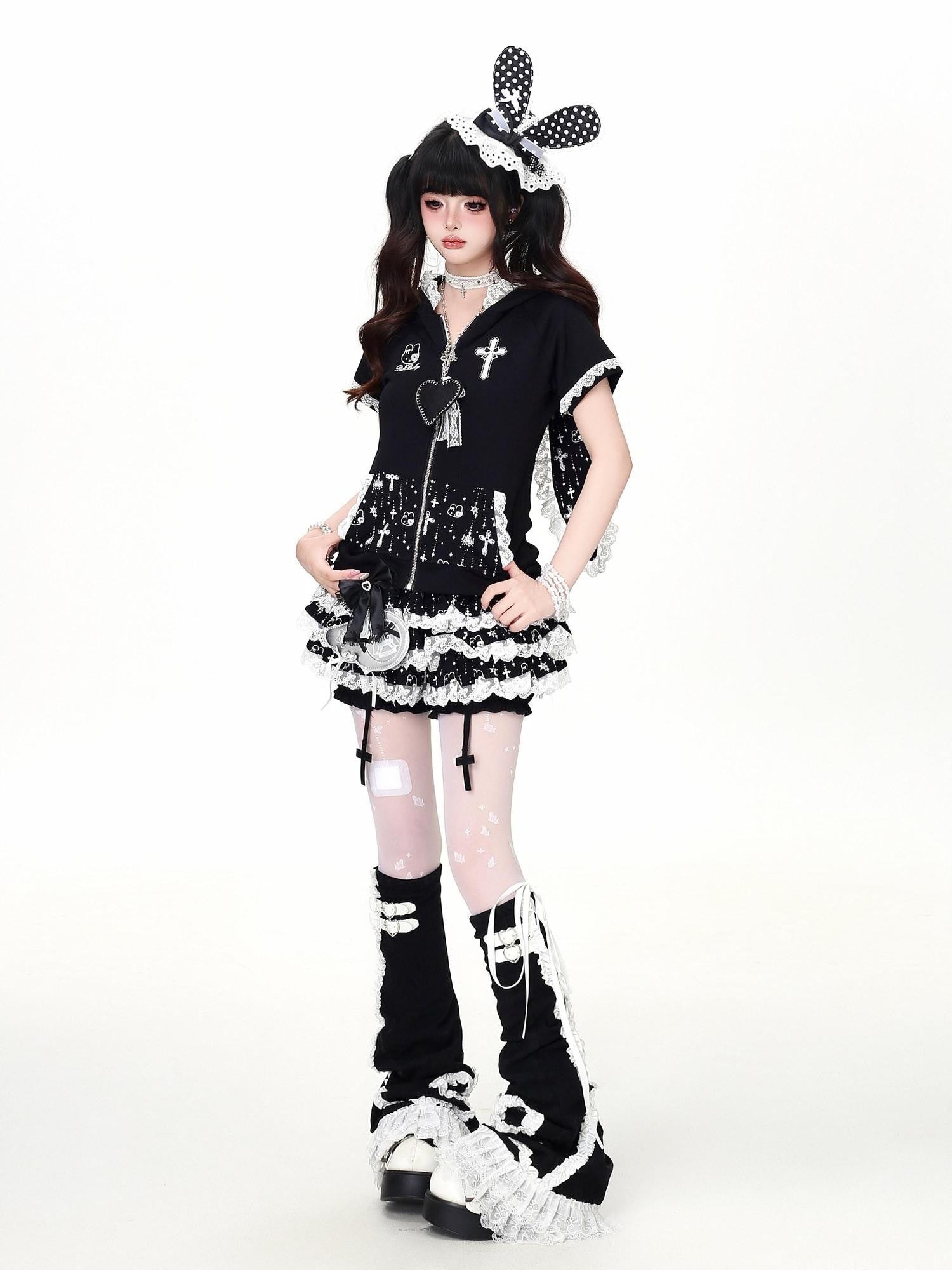 CRAZYGIRL Puff Lace Trim Cross Pendant Multilayer High Waist Women's Mini Skirts